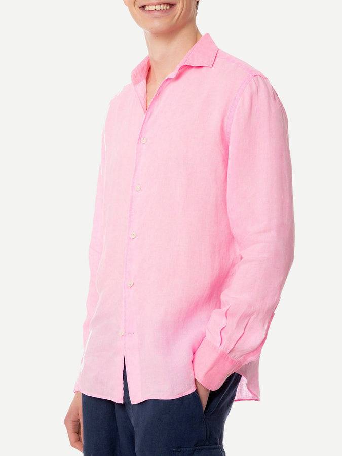 Mc2 Saint Barth Camicia Da Uomo Pamplona In Lino Rosa Fluo Color Acqua