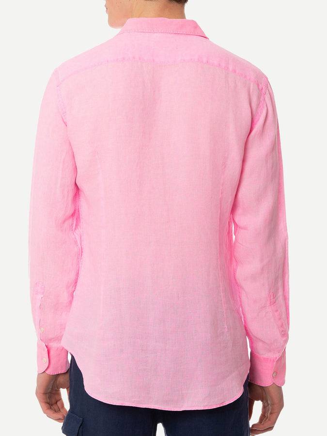 Mc2 Saint Barth Camicia Da Uomo Pamplona In Lino Rosa Fluo Color Acqua