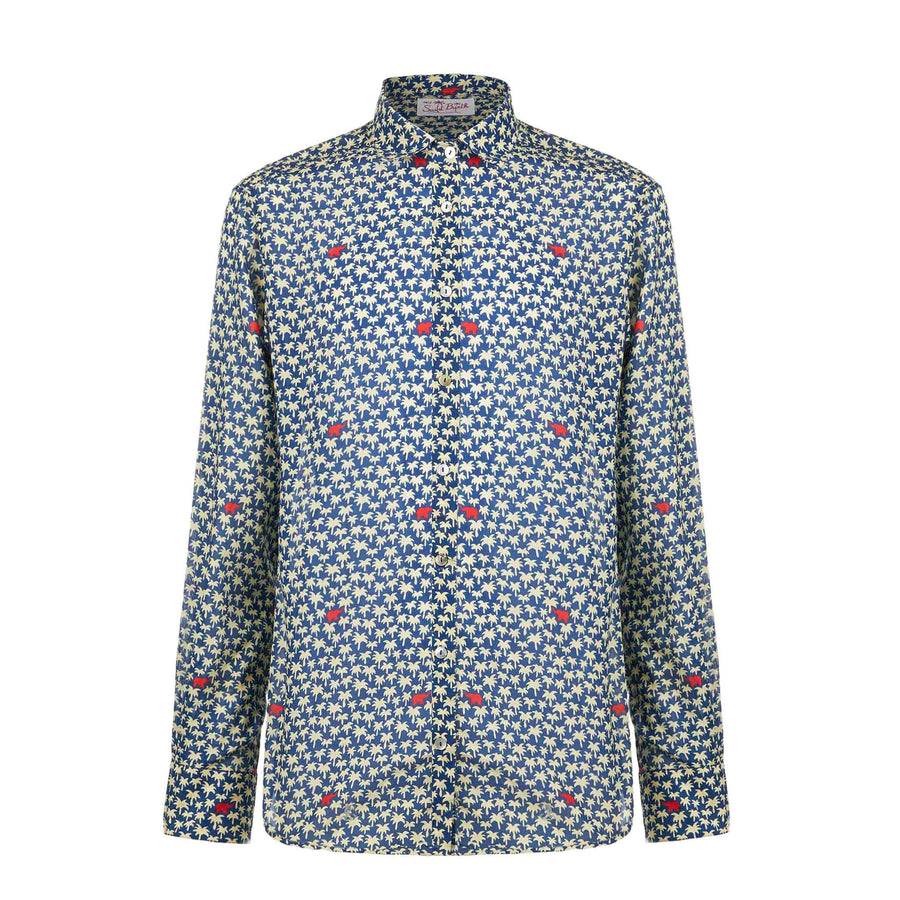 Mc2 Saint Barth Camicia Da Uomo Sikelia In Mussola Di Cotone Con Stampa Palme