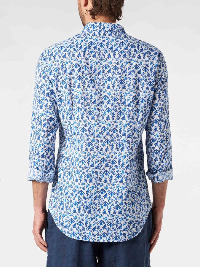 Mc2 Saint Barth Camicia Da Uomo Sikelia In Mussola Di Cotone Con Stampa Foglie Blu
