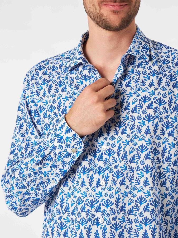 Mc2 Saint Barth Camicia Da Uomo Sikelia In Mussola Di Cotone Con Stampa Foglie Blu
