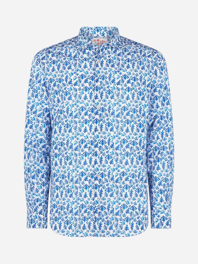 Mc2 Saint Barth Camicia Da Uomo Sikelia In Mussola Di Cotone Con Stampa Foglie Blu