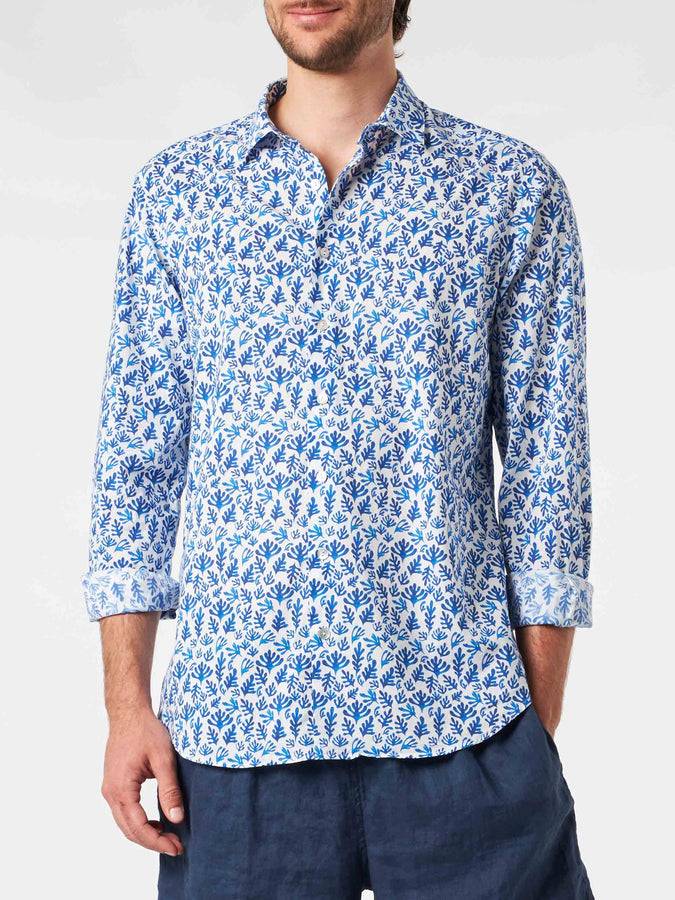 Mc2 Saint Barth Camicia da uomo Sikelia in mussola di cotone con stampa foglie blu