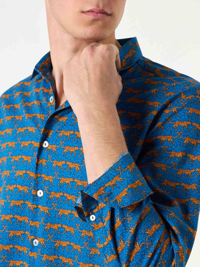 Mc2 Saint Barth Camicia Da Uomo Sikelia In Mussola Di Cotone Con Stampa Gatto Selvatico
