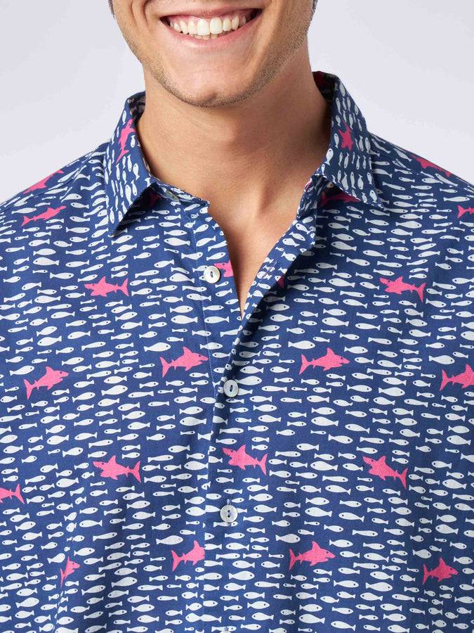Mc2 Saint Barth Camicia Da Uomo Sikelia In Mussola Di Cotone Con Stampa Di Pesci E Squali
