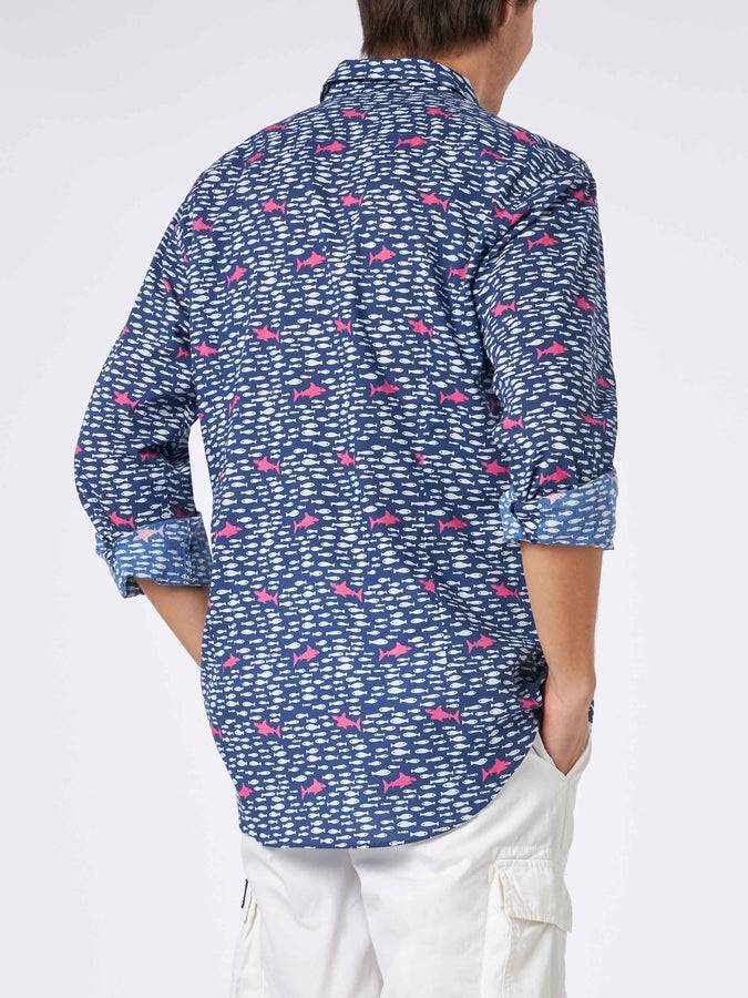 Mc2 Saint Barth Camicia Da Uomo Sikelia In Mussola Di Cotone Con Stampa Di Pesci E Squali