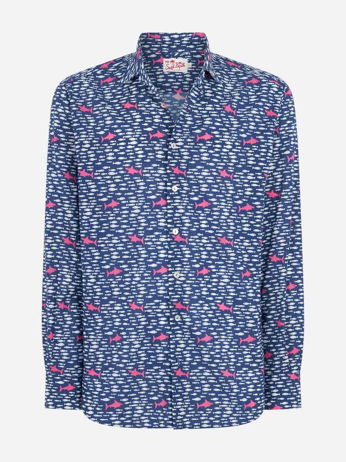 Mc2 Saint Barth Camicia Da Uomo Sikelia In Mussola Di Cotone Con Stampa Di Pesci E Squali