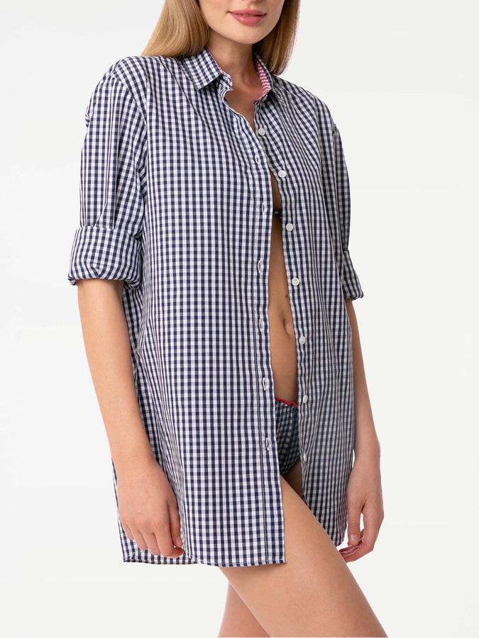Mc2 Saint Barth Camicia In Cotone Vichy Blu Navy Con Ricamo
