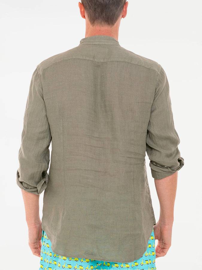 Mc2 Saint Barth Camicia In Lino Verde Militare Con Collo Alla Coreana