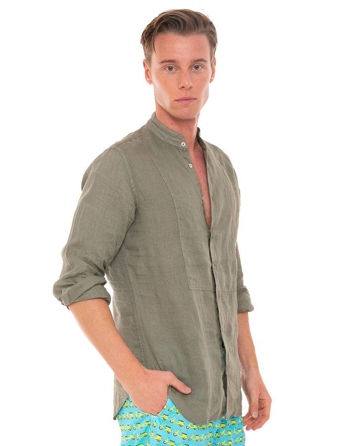 Mc2 Saint Barth Camicia In Lino Verde Militare Con Collo Alla Coreana