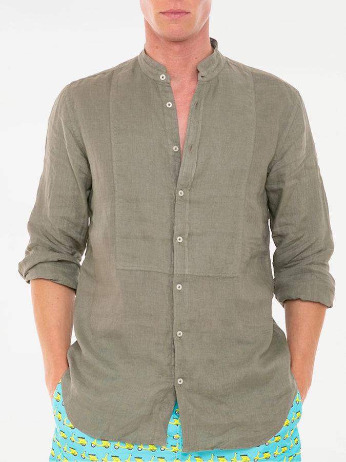 Mc2 Saint Barth Camicia in lino verde militare con collo alla coreana