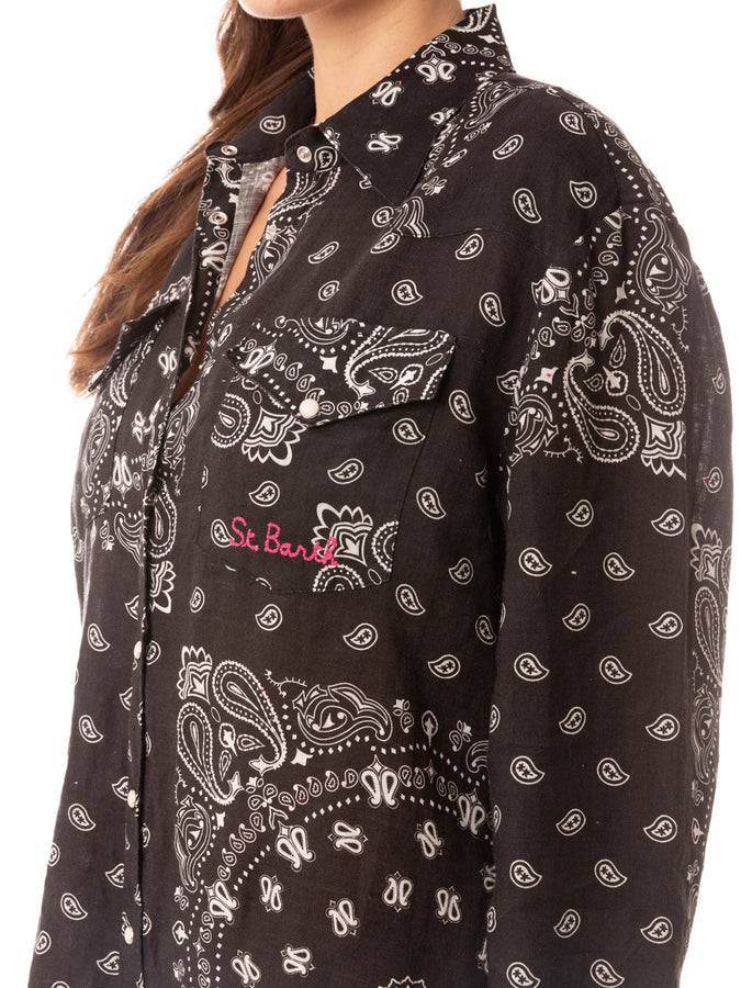 Mc2 Saint Barth Camicia Nera In Lino Con Passamanerie