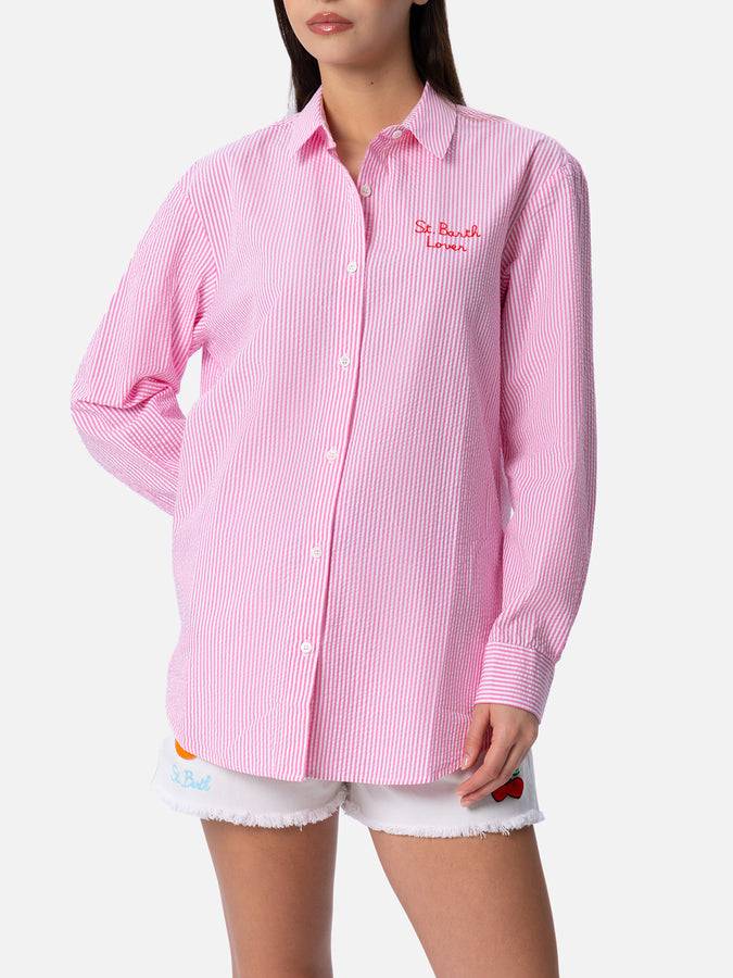 Mc2 Saint Barth Camicia Over Da Donna In Cotone Stampa Righe Brigitte | EDIZIONE SPECIALE SNOOPY PEANUTS