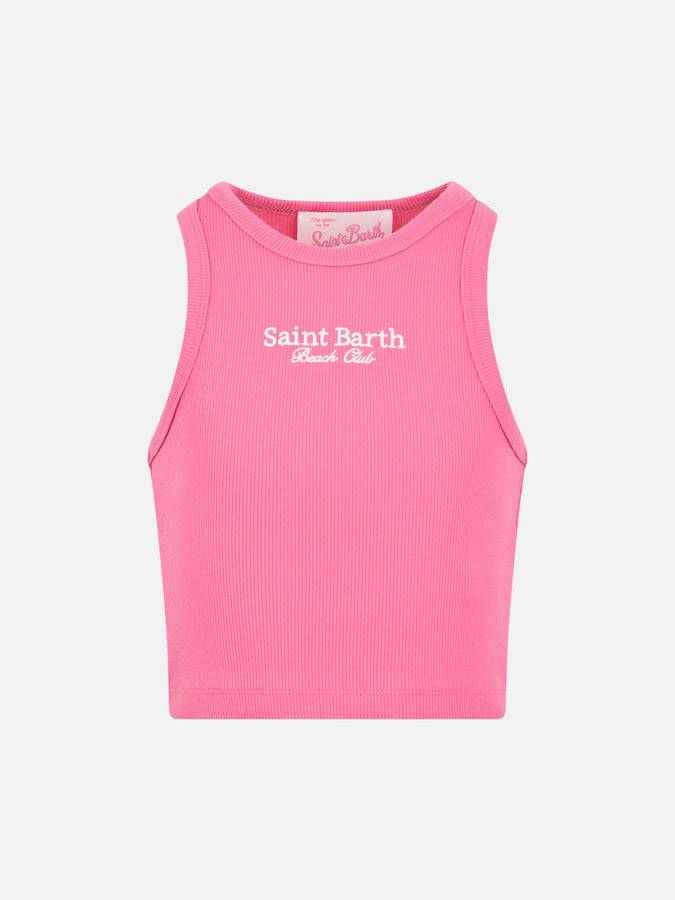 Mc2 Saint Barth Canotta crop da bambina in cotone lavorato a costine fucsia