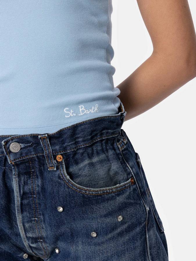 Mc2 Saint Barth Canotta Da Donna In Cotone Azzurro Lavorato A Costine