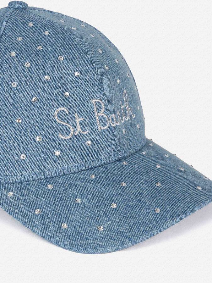 Mc2 Saint Barth Cappellino Davis In Denim Impreziosito Da Strass