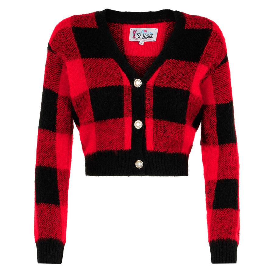 Mc2 Saint Barth Cardigan Corto Da Donna Con Bottoni Gioiello E Stampa Tartan