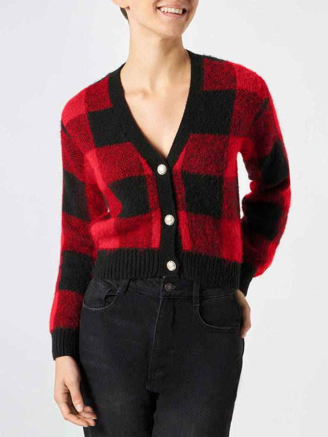 Mc2 Saint Barth Cardigan corto da donna con bottoni gioiello e stampa tartan