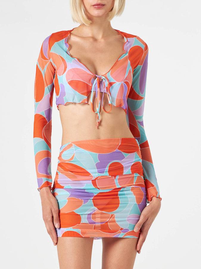 Mc2 Saint Barth Cardigan Crop Da Donna In Tulle Con Stampa Onde