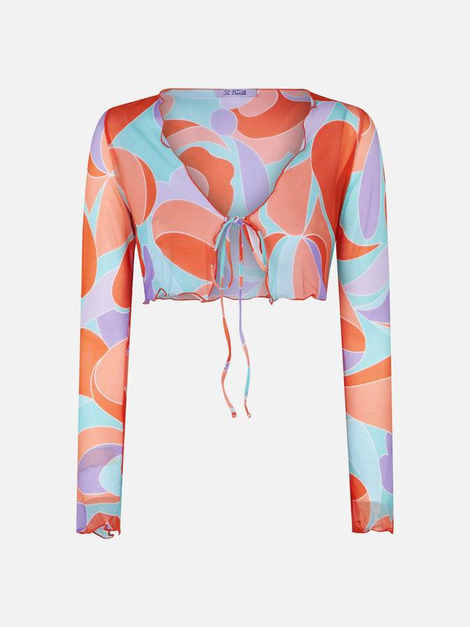 Mc2 Saint Barth Cardigan Crop Da Donna In Tulle Con Stampa Onde