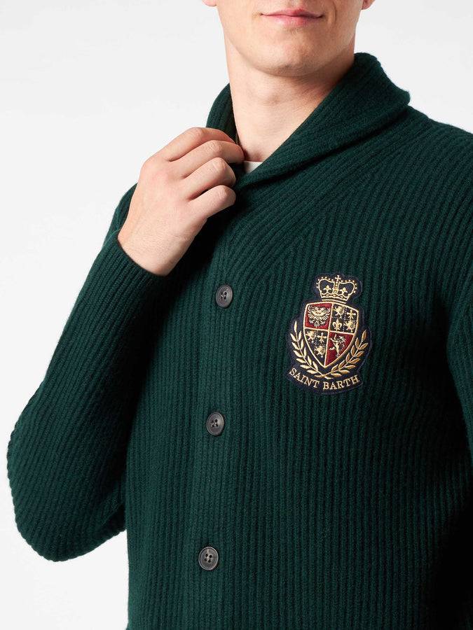 Mc2 Saint Barth Cardigan Da Uomo A Costine Verde Collo A Scialle Con Tasche E Toppa