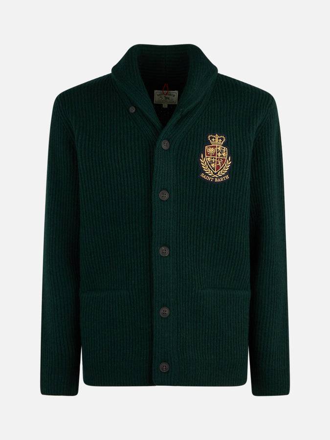 Mc2 Saint Barth Cardigan Da Uomo A Costine Verde Collo A Scialle Con Tasche E Toppa