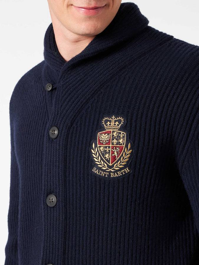Mc2 Saint Barth Cardigan Da Uomo Blu A Coste Con Collo Sciallato, Tasche E Toppa