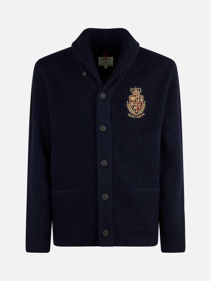 Mc2 Saint Barth Cardigan Da Uomo Blu A Coste Con Collo Sciallato, Tasche E Toppa