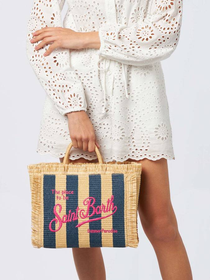 Mc2 Saint Barth Colette Straw Handbag With Navy Blue Striped Print