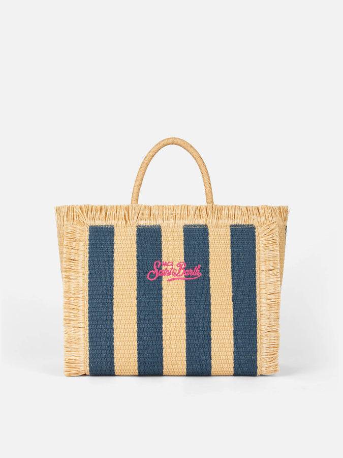 Mc2 Saint Barth Colette Straw Handbag With Navy Blue Striped Print