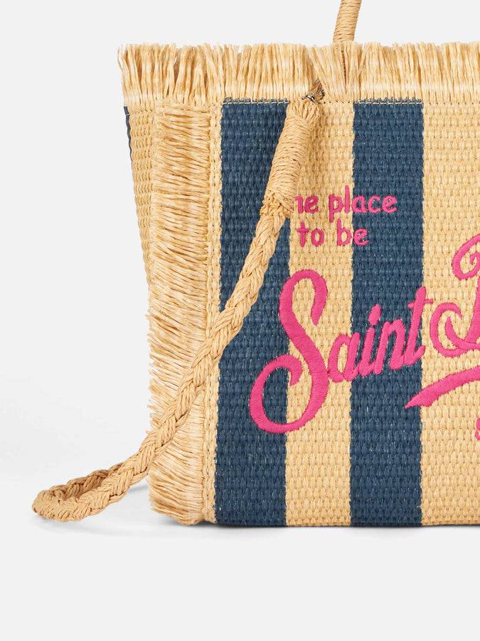 Mc2 Saint Barth Colette Straw Handbag With Navy Blue Striped Print