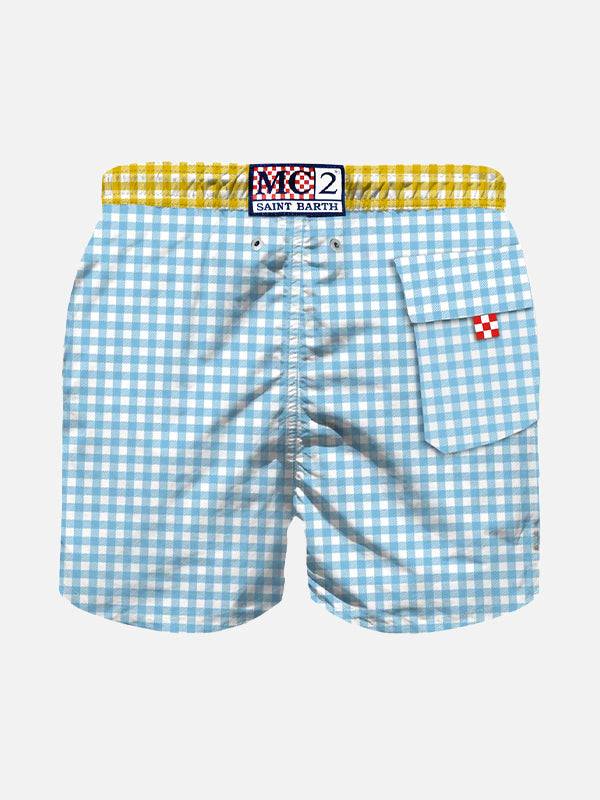 Mc2 Saint Barth Costume Da Bagno Bambino Vichy Azzurro Con Ricami