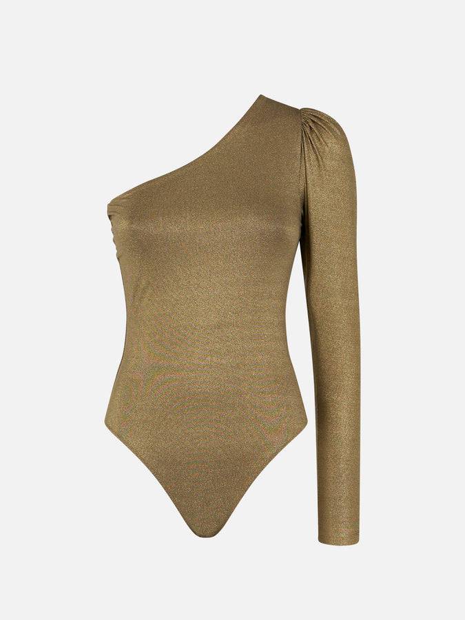 Mc2 Saint Barth Costume Da Bagno / Bodywear Monospalla In Oro Glitterato Lavorato A Maglia