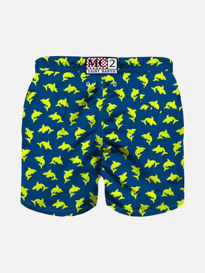 Mc2 Saint Barth Costume Da Bagno Da Bambino In Tessuto Leggero Con Stampa Squali Fluo