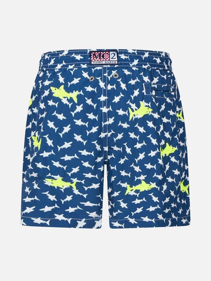 Mc2 Saint Barth Costume Da Bagno Da Bambino In Tessuto Leggero Jean Lighting Con Ricamo Squali