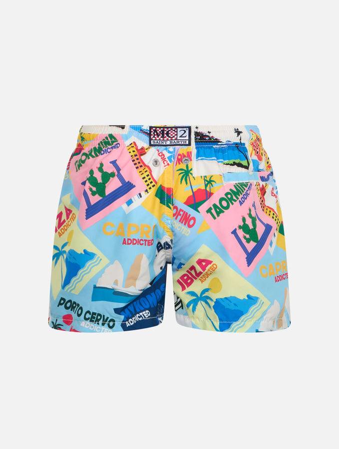 Mc2 Saint Barth Costume Da Bagno Da Bambino In Tessuto Leggero Jean Lighting Con Stampa Di Cartoline