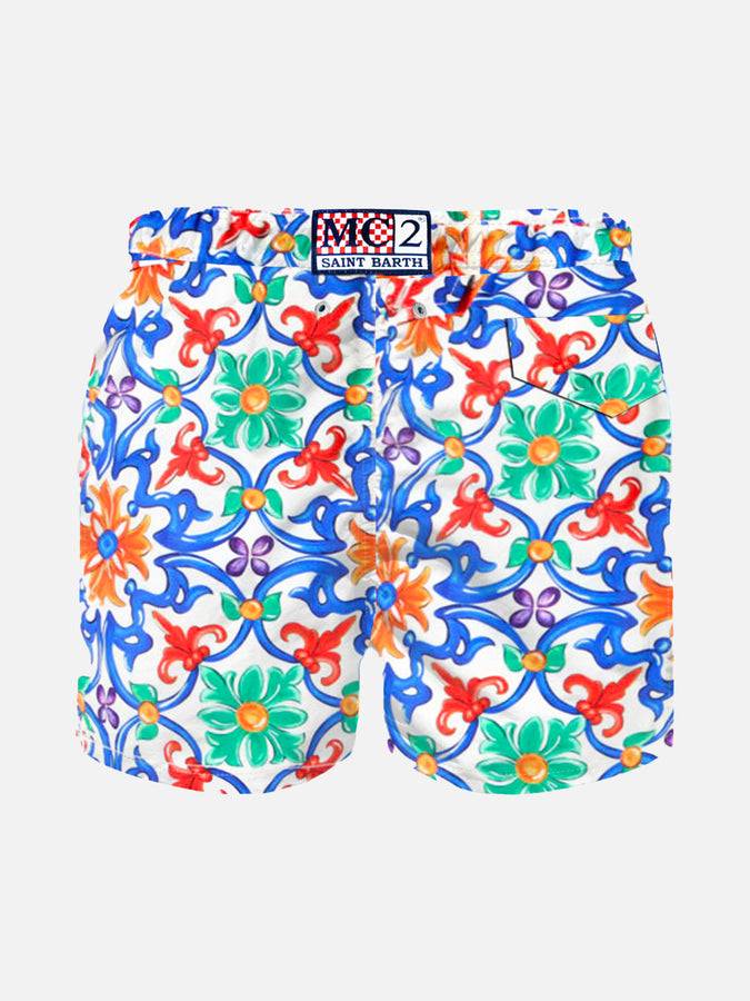 Mc2 Saint Barth Costume Da Bagno Da Bambino In Tessuto Leggero Stampa Maiolica
