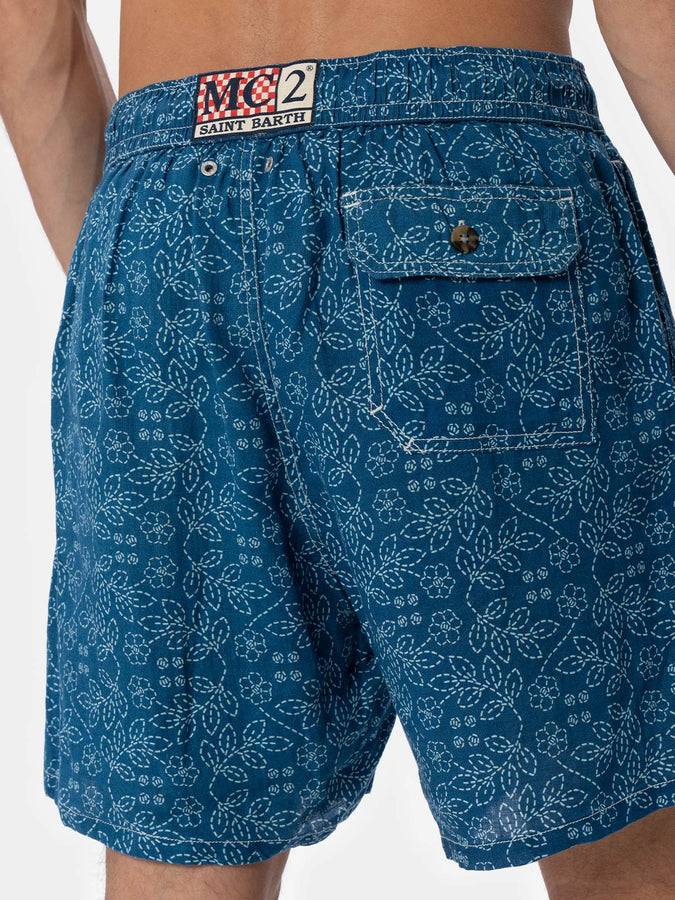 Mc2 Saint Barth Costume Da Bagno Da Uomo Medio Lungo Gustavia In Lino Con Stampa Sashiko