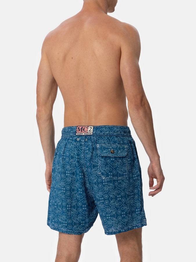 Mc2 Saint Barth Costume Da Bagno Da Uomo Medio Lungo Gustavia In Lino Con Stampa Sashiko