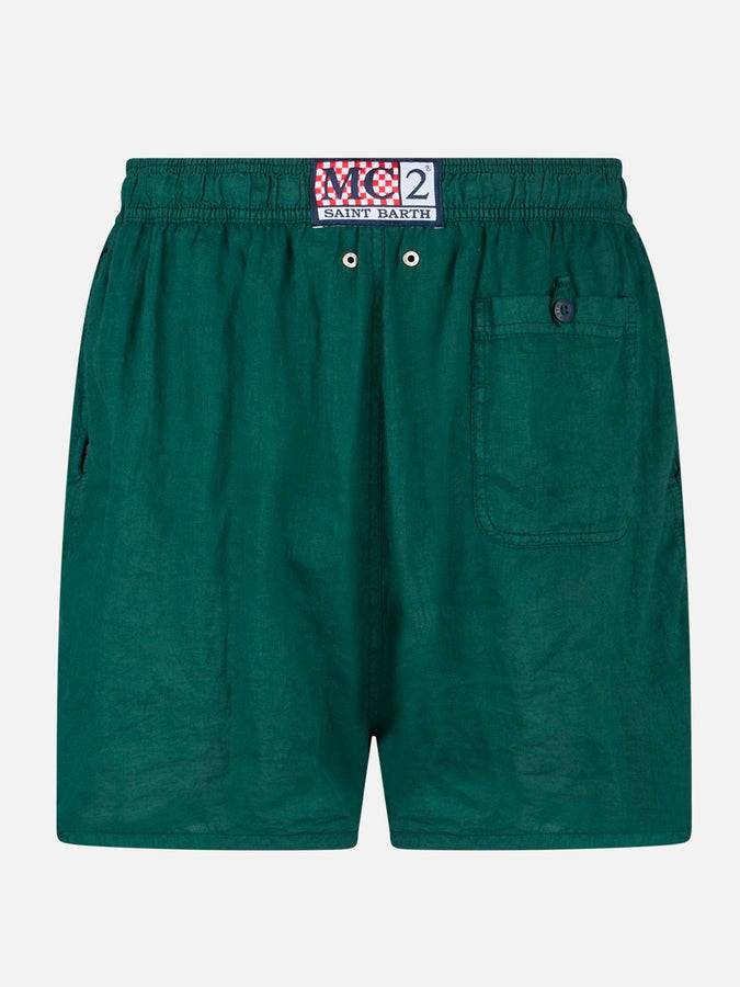 Mc2 Saint Barth Costume Da Bagno In Lino Tinta Unita Verde Di Media Lunghezza