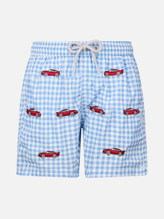 Mc2 Saint Barth Costume da bagno Jean per bambino in seersucker con ricamo automobili