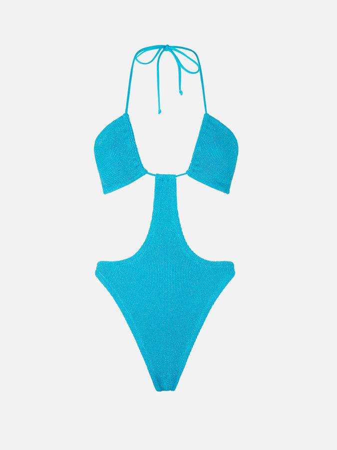 Mc2 Saint Barth Costume Da Bagno Trikini Azzurro In Lurex Crinkle