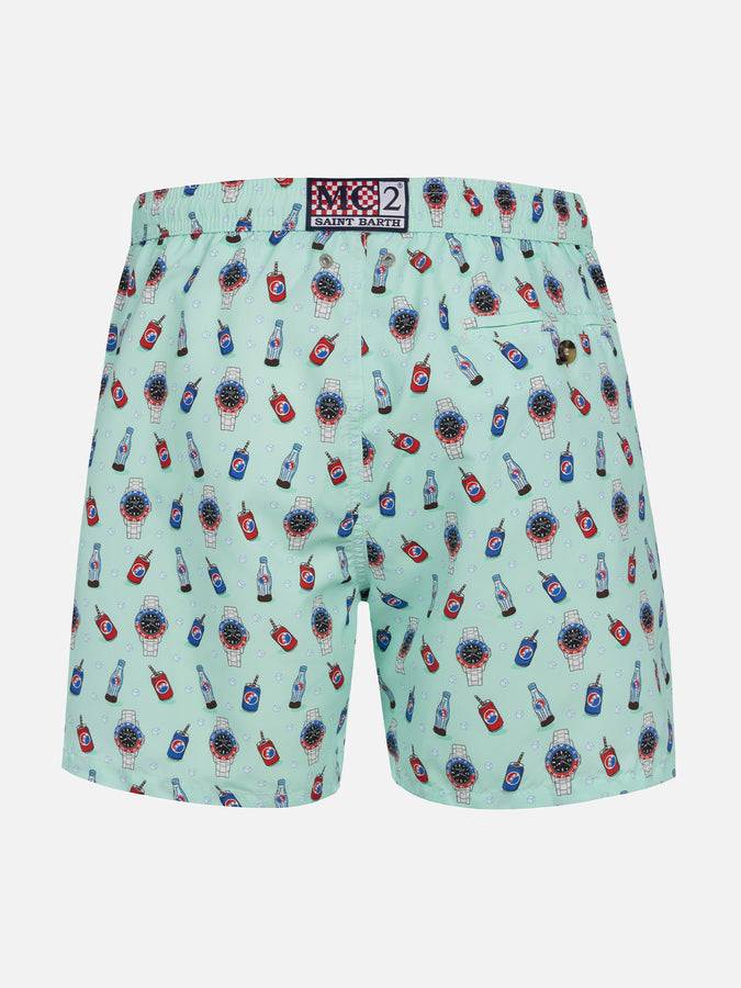 Mc2 Saint Barth Costume Da Bagno Uomo In Tessuto Leggero Lighting Micro Fantasy Con Stampa Orologi E Bevande