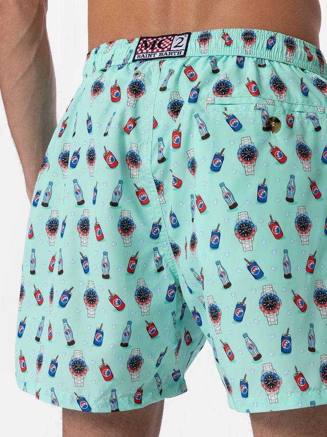 Mc2 Saint Barth Costume Da Bagno Uomo In Tessuto Leggero Lighting Micro Fantasy Con Stampa Orologi E Bevande