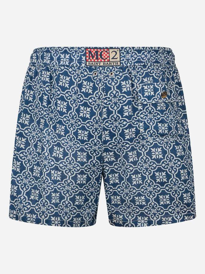 Mc2 Saint Barth Costume Da Bagno Uomo Lunghezza Media Gustavia In Lino Con Stampa Maioliche