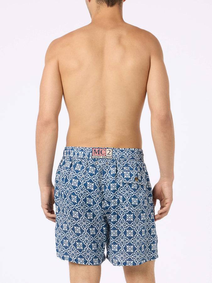 Mc2 Saint Barth Costume Da Bagno Uomo Lunghezza Media Gustavia In Lino Con Stampa Maioliche