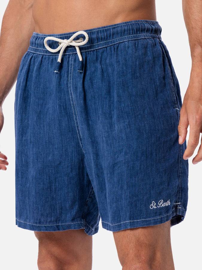 Mc2 Saint Barth Costume Da Bagno Uomo Lunghezza Media In Lino Blu Denim Gustavia