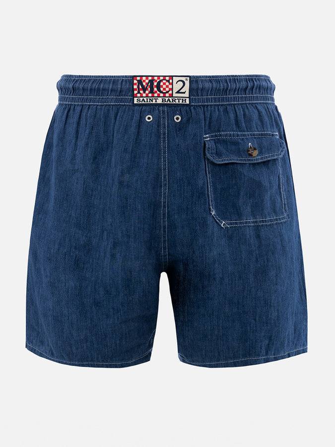 Mc2 Saint Barth Costume Da Bagno Uomo Lunghezza Media In Lino Blu Denim Gustavia