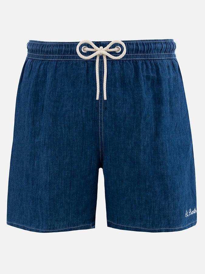 Mc2 Saint Barth Costume da bagno uomo lunghezza media in lino blu denim Gustavia