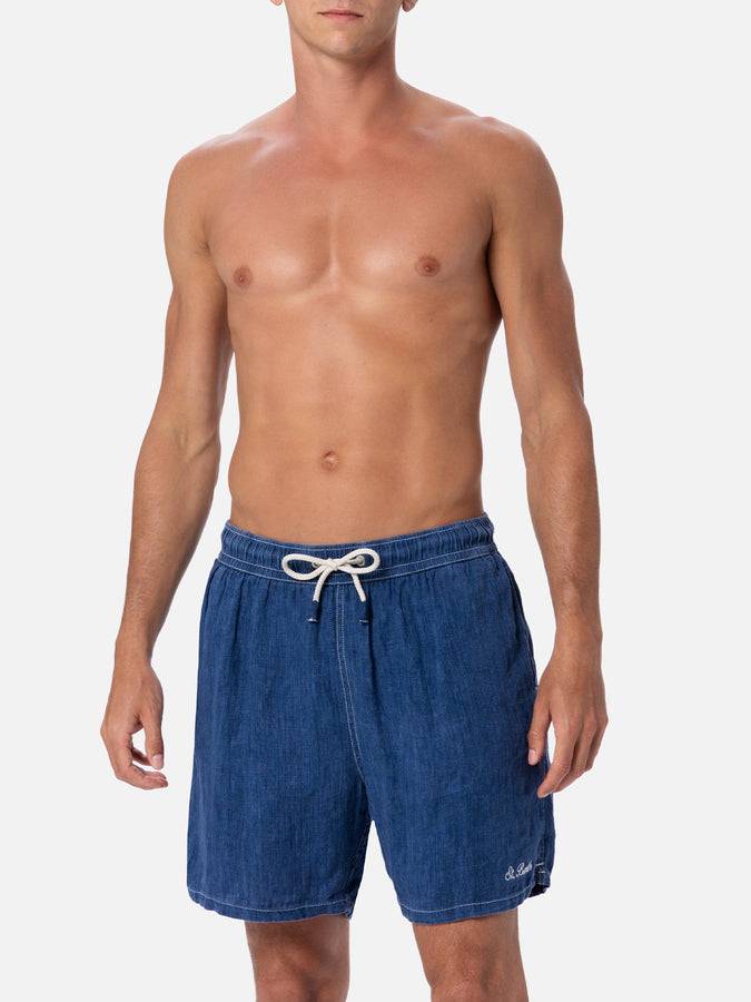 Mc2 Saint Barth Costume Da Bagno Uomo Lunghezza Media In Lino Blu Denim Gustavia